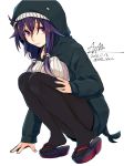  1girl ahoge arm_support bangs black_legwear black_shirt blue_hair closed_mouth dated hair_between_eyes hair_flaps hair_over_shoulder hand_on_own_thigh hood hoodie kantai_collection long_hair long_sleeves looking_at_viewer low_twintails nmz_(namazu) pantyhose platform_footwear red_eyes shirt signature simple_background sleeves_past_wrists solo squatting taigei_(kantai_collection) twintails twitter_username white_background zouri 