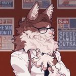  2017 anthro brown_fur brown_hair cat claws clothed clothing countershading detailed_background domestic_cat eyewear feline fluffy fully_clothed fur glasses hair handpaw inner_ear_fluff juanmao1997 male mammal necktie newspaper pawpads paws pink_nose pink_pawpads portrait raising_arm shirt smile solo spreading_fingers spreading_toes standing suspenders whiskers white_countershading yellow_eyes 