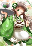  ;) apron bangs blunt_bangs breasts brown_hair closed_mouth commentary_request food gochuumon_wa_usagi_desu_ka? green_eyes green_kimono green_skirt highres holding holding_tray ice_cream japanese_clothes kimono kimono_skirt large_breasts long_hair long_sleeves maid_apron one_eye_closed plant pocky skirt smile solo tray ujimatsu_chiya vines wa_maid white_apron wide_sleeves zenon_(for_achieve) 