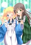  :d ;d alice_cartelet ama_usa_an_uniform apron aqua_background blonde_hair blue_eyes blue_kimono blush breasts brown_hair commentary_request company_connection cosplay cowboy_shot crossover flat_chest gochuumon_wa_usagi_desu_ka? green_eyes green_kimono hand_on_another's_shoulder highres japanese_clothes kimono kin-iro_mosaic long_hair long_sleeves maid_apron manga_time_kirara matching_outfit medium_breasts multiple_girls one_eye_closed open_mouth polka_dot_trim smile striped striped_background striped_kimono twintails ujimatsu_chiya vertical-striped_background vertical_stripes white_apron wide_sleeves zenon_(for_achieve) 