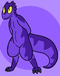  3_toes ambiguous_gender anthro drake_(kobold) kobold purple_scales reptile scales scalie simple_background solo striped_tail stripes toes trout_(artist) yellow_eyes 