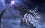  2017 amber_eyes black_scales digital_media_(artwork) dragon feral hair horn night outside scales solo telleryspyro white_hair 