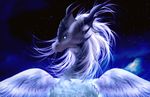 blue_eyes digital_media_(artwork) dragon feathered_wings feathers feral hair horn night outside sky solo star starry_sky telleryspyro white_feathers white_hair wings 