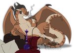  animal_genitalia balls dragon foot_on_tail hookah looking_at_viewer lounging magpiehyena male relaxing scalie sheath smoke smoking solo wings 