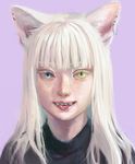  :p animal_ears bangs blue_eyes blunt_bangs cat_ears ear_piercing face fangs freckles heterochromia looking_at_viewer original piercing portrait purple_background simple_background slit_pupils smile solo tongue tongue_out tunapon01 white_hair yellow_eyes 