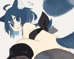  ahoge animal_ears ass bare_shoulders beltbra black_bra blue_eyes blue_hair blush boots bottomless bra commentary_request flying_sweatdrops foreshortening from_below grey_background looking_at_viewer original pappii_(paprika_shikiso) paprika_shikiso parted_lips short_hair simple_background sitting tail underwear 