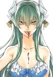  arm_at_side bangs bare_arms bare_shoulders blood blood_on_chest blue_bikini_top blue_bow blue_neckwear bow bowtie breasts dragon_horns eyelashes fate/grand_order fate_(series) frilled_bikini_top green_eyes green_hair hair_between_eyes hand_up highres horns kiyohime_(fate/grand_order) kiyohime_(swimsuit_lancer)_(fate) kofunami_nana large_breasts long_hair looking_at_viewer multiple_horns slit_pupils solo tongue tongue_out upper_body 