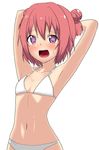  absurdres akaza_akari armpits bad_id bad_pixiv_id bikini blush breasts collarbone highres looking_at_viewer open_mouth purple_eyes red_hair simple_background small_breasts smile solo swimsuit ultrayoru white_background white_bikini yuru_yuri 