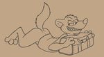  3_toes 4_fingers anthro bag bottomless brown_background cheek_tuft clothed clothing duke_weaselton eyebrows fangs full-length_portrait half-closed_eyes head_tuft line_art looking_at_viewer lying mammal mustelid on_front open_mouth open_smile portrait raised_tail rotten_robbie sharp_teeth shirt side_view simple_background smile solo t-shirt teeth toes tuft weasel 