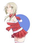  absurdres blonde_hair blush breasts christmas cleavage elbow_gloves gloves highres ichii_yui katatsuka_kouji large_breasts looking_at_viewer open_mouth red_gloves red_legwear santa_costume scarf sideboob simple_background skirt solo thighhighs twintails white_background yellow_eyes yuyushiki 