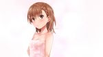  bad_id bad_pixiv_id bare_shoulders breasts brown_eyes brown_hair cleavage eyebrows_visible_through_hair looking_down misaka_mikoto naked_towel pink_background pink_towel polka_dot polka_dot_background puma_(hyuma1219) short_hair small_breasts solo to_aru_kagaku_no_railgun to_aru_majutsu_no_index towel upper_body 