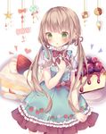  :o bangs blue_dress blush cake commentary_request dress eyebrows_visible_through_hair food food_print frilled_dress frills fruit green_eyes hair_between_eyes hair_ribbon hand_on_own_chest heart highres light_brown_hair long_hair low_twintails original parted_lips print_dress puffy_short_sleeves puffy_sleeves red_ribbon ribbon short_sleeves slice_of_cake solo strawberry strawberry_print strawberry_shortcake tsuruse twintails very_long_hair white_background 