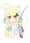  :o ahoge animal_ears azur_lane bailingxiao_jiu bangs bare_arms bare_shoulders barefoot bikini blonde_hair brown_eyes bucket buckle cat_ears chibi collarbone eldridge_(azur_lane) eyebrows_visible_through_hair eyepatch_bikini fishing_hook fishing_line fishing_rod full_body hair_ornament hairclip heart heart-shaped_pupils holding holding_bucket holding_fishing_rod kemonomimi_mode long_hair navel open_mouth parted_lips side-tie_bikini simple_background solo standing standing_on_one_leg star star_hair_ornament swimsuit symbol-shaped_pupils twintails very_long_hair white_background white_bikini 