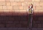  against_wall bare_arms belt black_bow black_footwear bow braid brick_wall chinese_clothes commentary_request dtvisu green_eyes green_hat hair_bow hat hong_meiling long_hair looking_away puffy_short_sleeves puffy_sleeves red_hair shoes short_sleeves solo standing star touhou twin_braids 