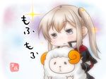  :o artist_name black_gloves blonde_hair blush chibi commentary_request eyebrows_visible_through_hair fluffy gloves graf_zeppelin_(kantai_collection) grey_eyes high_collar kantai_collection long_hair long_sleeves no_hat no_headwear sheep signature solo sparkle stuffed_animal stuffed_sheep stuffed_toy taisa_(kari) twintails 