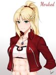  abs bandeau bangs blonde_hair blush braid breasts character_name cleavage closed_mouth commentary_request cropped_arms eyebrows_visible_through_hair fate/apocrypha fate_(series) gradient gradient_background green_eyes hair_ornament hair_scrunchie highres jacket large_breasts long_sleeves looking_at_viewer mordred_(fate) mordred_(fate)_(all) muscle navel parted_bangs ponytail red_jacket red_scrunchie rosaline scrunchie signature smile solo upper_body 