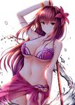  arm_up bikini breasts fate/grand_order fate_(series) flower gae_bolg hair_flower hair_ornament highres large_breasts leg_garter long_hair looking_at_viewer navel pink_bikini purple_bikini purple_sarong sarong scathach_(fate)_(all) scathach_(swimsuit_assassin)_(fate) smile solo swimsuit water wsman 