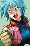  :d allenby_beardsley bangs blue_hair blue_shirt brown_gloves clenched_hand g_gundam gloves green_background green_eyes gundam hankuri jacket jewelry looking_at_viewer necklace open_clothes open_jacket open_mouth pink_jacket shirt short_hair simple_background smile solo upper_body 