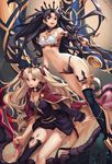  black_hair blonde_hair breasts cleavage cloak commentary_request ereshkigal_(fate/grand_order) fate/grand_order fate_(series) glowing glowing_weapon gold_trim highres ishtar_(fate/grand_order) long_hair long_legs looking_at_viewer medium_breasts multiple_girls nail_polish navel single_thighhigh skull smile stomach thighhighs tiara very_long_hair weapon yume_ou 