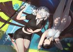  absurdres arms_behind_head black_eyes black_hair black_shorts bort breasts day diamond_(houseki_no_kuni) gem_uniform_(houseki_no_kuni) high_heels highres holding holding_weapon houseki_no_kuni humanization katana long_hair looking_away lying marchtl7 medium_breasts midriff multiple_girls on_back outdoors shadow shirt short_shorts shorts sword weapon white_eyes white_hair white_shirt 