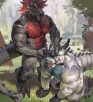 2018 3_toes 5_fingers abs anthro argonian arm_support balls belt biceps big_biceps big_penis black_claws black_horn black_penis blue_skin claws clenched_teeth clothing digital_media_(artwork) dinosaur domination dragon duo eye_contact eyebrows footwear front_view fur furred_dragon grass green_skin grey_scales grey_skin grey_tail hair hand_on_head hand_on_penis hi_res hindpaw horn huge_tail humanoid_hands humanoid_penis jiandou kneeling long_tail looking_at_another looking_at_partner looking_down looking_up male male/male male_domination multicolored_skin muscular muscular_male nature nude on_ground open_mouth open_smile outside paws pecs penis pink_tongue purple_eyes raised_tail ratharn red_hair red_scales red_skin retracted_foreskin scales scalie sharp_teeth shoes smile snout spiked_tail spikes standing tagg taggcrossroad teeth the_elder_scrolls theropod thick_tail thick_thighs toe_claws toes tongue tree triceps uncut video_games white_fur white_tail 