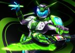  1boy absurdres belt black_background commentary_request glowing glowing_weapon highres holding holding_spear holding_weapon huge_filesize kamen_rider kamen_rider_woz kamen_rider_zi-o_(series) otokamu polearm rider_belt solo spear weapon 