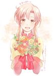  bouquet brown_eyes ethlin_(fire_emblem) fire_emblem fire_emblem:_seisen_no_keifu flower hira_(otemoto84) holding holding_flower looking_at_viewer pink_hair simple_background smile solo upper_body 