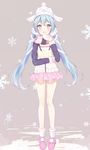 absurdres baozi blue_eyes blue_hair commentary_request food full_body grey_background hat hatsune_miku highres houraku long_hair looking_at_viewer open_mouth skirt snowflakes solo twintails very_long_hair vocaloid 