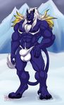  2018 4_toes 5_fingers abs age_difference anthro beard biceps black_nose body_hair bulge chest_hair clothed clothing digitigrade facial_hair feline glowing glowing_eyes hair hand_on_thigh horn hungothenomster kimahri lion looking_at_viewer male mammal mountain muscular muscular_male muscules nipples older_male penis_outline pubes purple_skin sky slit_pupils smile snow solo standing tight_underwear toes topless underwear whiskers white_hair 