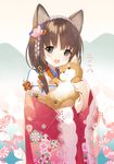 :d animal animal_ears blush brown_hair chinese_zodiac commentary_request dog dog_ears floral_print flower grey_eyes hair_flower hair_ornament holding holding_animal holding_dog japanese_clothes kimono long_hair looking_at_viewer open_mouth original pink_flower print_kimono red_kimono smile solo yamiko year_of_the_dog 