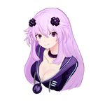  adult_neptune breasts choker cleavage collarbone d-pad d-pad_hair_ornament framed hair_ornament hood hooded_jacket jacket looking_at_viewer lowres medium_breasts neptune_(series) purple_eyes purple_hair seewlee shin_jigen_game_neptune_vii smile solo transparent_background upper_body 