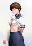  arms_behind_back bikini bikini_under_clothes blue_skirt breasts brown_eyes brown_hair cleavage commentary_request covered_nipples grin inamitsu_shinji lips long_skirt looking_at_viewer medium_breasts micro_bikini_top mouth_hold navel original pleated_skirt school_uniform serafuku shirt_lift short_hair skirt smile solo stomach swimsuit swimsuit_under_clothes underboob 