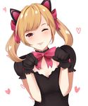  absurdres alternate_costume alternate_eye_color animal_ears artist_name black_cat_d.va black_dress black_gloves blonde_hair bow bowtie breasts cat_ears cleavage clenched_hands d.va_(overwatch) dress gloves hair_bow heart highres kurupururin lolita_fashion looking_at_viewer medium_breasts medium_hair one_eye_closed overwatch parted_lips paw_pose pink_bow pink_eyes puffy_short_sleeves puffy_sleeves short_sleeves signature simple_background solo twintails upper_body white_background 