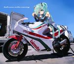  artist_name bimota_db1 character_name commentary day detached_sleeves green_eyes green_hair ground_vehicle hatsune_miku high_heels highres interlocked_fingers long_hair looking_at_viewer motor_vehicle motorcycle necktie number_tattoo on_motorcycle outdoors skirt sky solo takepon1123 tattoo thighhighs twintails van very_long_hair vocaloid 