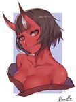  breasts brown_hair cleavage closed_mouth commentary_request fang fang_out head_tilt horns large_breasts looking_at_viewer oni oni_horns original purple_background red_eyes red_skin short_eyebrows short_hair simple_background smile solo upper_body zakusi 