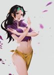  absurdres blue_eyes blurry breasts brown_hair closed_mouth crop_top depth_of_field eyewear_on_head grey_background groin head_tilt highres ili large_breasts long_hair looking_at_viewer navel nico_robin one_piece petals purple_shirt sarong shirt solo standing sunglasses 