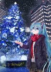  black_legwear black_skirt black_sky blue_eyes blue_hair christmas_tree cowboy_shot eyebrows_visible_through_hair floating_hair hair_between_eyes hand_in_pocket hatsune_miku highres long_hair looking_up miniskirt night open_mouth outdoors pantyhose pleated_skirt red_scarf scarf skirt snowing solo standing steam sweater takepon1123 twintails very_long_hair vocaloid white_sweater 
