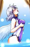  angel_wings braid closed_eyes competition_swimsuit d-m_(dii_emu) feathered_wings french_braid grabbing_own_breast grey_wings highres kishin_sagume one-piece_swimsuit open_mouth purple_swimsuit silver_hair single_wing solo swimsuit touhou water white_wings wings 
