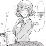  10s 2boys blush danganronpa danganronpa_1 finger_to_mouth flipped_hair fujisaki_chihiro hard_translated lowres male_focus monochrome moyoko multiple_boys oowada_mondo pompadour school_uniform short_hair simple_background sketch skirt sleeping sleeping_on_person spot_color translated trap uniform white_background 