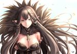  bare_shoulders between_breasts black_dress black_hair breasts cleavage commentary_request detached_sleeves dress fate/apocrypha fate/grand_order fate_(series) large_breasts long_hair looking_at_viewer pointy_ears semiramis_(fate) smile solo toshi_(1-147) upper_body very_long_hair yellow_eyes 