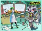  arms_(game) blueprint commentary_request dr._coyle green_hair hedlok highres ishikawa_masaaki labcoat laboratory logo mechanical_arm monitor official_art pointing robot slime the_cell 