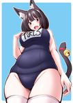  animal_ears arm_at_side azur_lane bell belly black_hair blush bob_cut breasts cat_ears cat_tail curvy eyebrows_visible_through_hair fang fat_folds from_below hand_on_own_chest highres jingle_bell large_breasts name_tag nokoppa old_school_swimsuit one-piece_swimsuit open_mouth plump red_eyes school_swimsuit short_hair solo swimsuit tail tail_bell thick_thighs thighhighs thighs white_legwear wide_hips yamashiro_(azur_lane) 