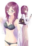  alternate_costume aramachi bare_shoulders black_bra black_panties blush bra breasts cellphone cleavage closed_mouth collarbone commentary_request floral_print glasses highres holding holding_phone idolmaster idolmaster_cinderella_girls long_hair long_sleeves looking_at_viewer medium_breasts navel panties phone purple_eyes purple_hair smartphone underwear yagami_makino 