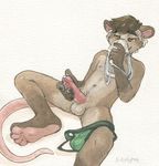  anthro brown_eyes brown_fur brown_hair clothing erection fur hair jockstrap lying male mammal marsupial masturbation musk navel on_back opossum sicklyhypnos smelling solo underwear 