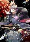  1boy air_bubble animal armor artist_name black_background blue_eyes bubble chrysanthemum eyeliner fish flower gmkz goldfish japanese_armor japanese_clothes kasen_kanesada looking_at_another makeup male_focus open_mouth purple_hair simple_background smile solo tassel touken_ranbu wide_sleeves 