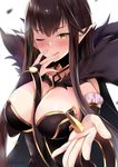  ;q artist_name bare_shoulders black_dress black_hair breasts detached_sleeves dress fate/apocrypha fate/grand_order fate_(series) kaetzchen large_breasts long_hair looking_at_viewer one_eye_closed outstretched_arm pointy_ears semiramis_(fate) solo tongue tongue_out yellow_eyes 