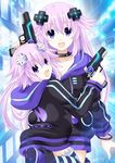  :d adult_neptune adult_neptune_(cosplay) black_choker breasts choker cleavage cosplay d-pad d-pad_hair_ornament gun hair_ornament holding holding_gun holding_weapon hood hooded_jacket jacket kagura_ittou leg_up long_hair looking_at_viewer looking_back medium_breasts multiple_girls neptune_(choujigen_game_neptune) neptune_(series) open_mouth purple_eyes purple_hair shin_jigen_game_neptune_vii short_hair smile striped striped_legwear thighhighs weapon 