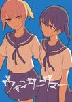 :o blue_background blue_sailor_collar blue_skirt closed_mouth cover cover_page doujin_cover eyebrows_visible_through_hair grey_eyes highres monsieur multiple_girls original parted_lips pink_hair purple_hair sailor_collar school_uniform serafuku shirt short_hair short_sleeves simple_background skirt smile standing twintails white_shirt yuri 