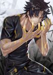  black_hair black_pants black_shirt brown_eyes commentary crying crying_with_eyes_open devilman devilman_crybaby fingernails fudou_akira hands_up liquid lloule male_focus outstretched_hand pants parted_lips sanpaku shiny shiny_hair shirt short_sleeves tears tsurime wet wet_clothes wet_shirt 