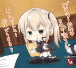  artist_name black_gloves black_legwear blonde_hair blue_eyes blush capelet cellphone chibi commentary eyebrows_visible_through_hair gloves graf_zeppelin_(kantai_collection) hat hat_removed headwear_removed holding holding_phone jitome kantai_collection long_sleeves minigirl pantyhose phone single_glove sitting smartphone solo square_mouth taisa_(kari) translated twintails v-shaped_eyebrows wariza 